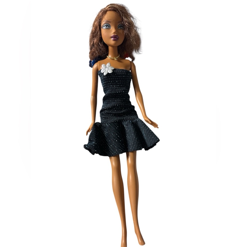 Chic Black Dress Doll with White Floral Detail